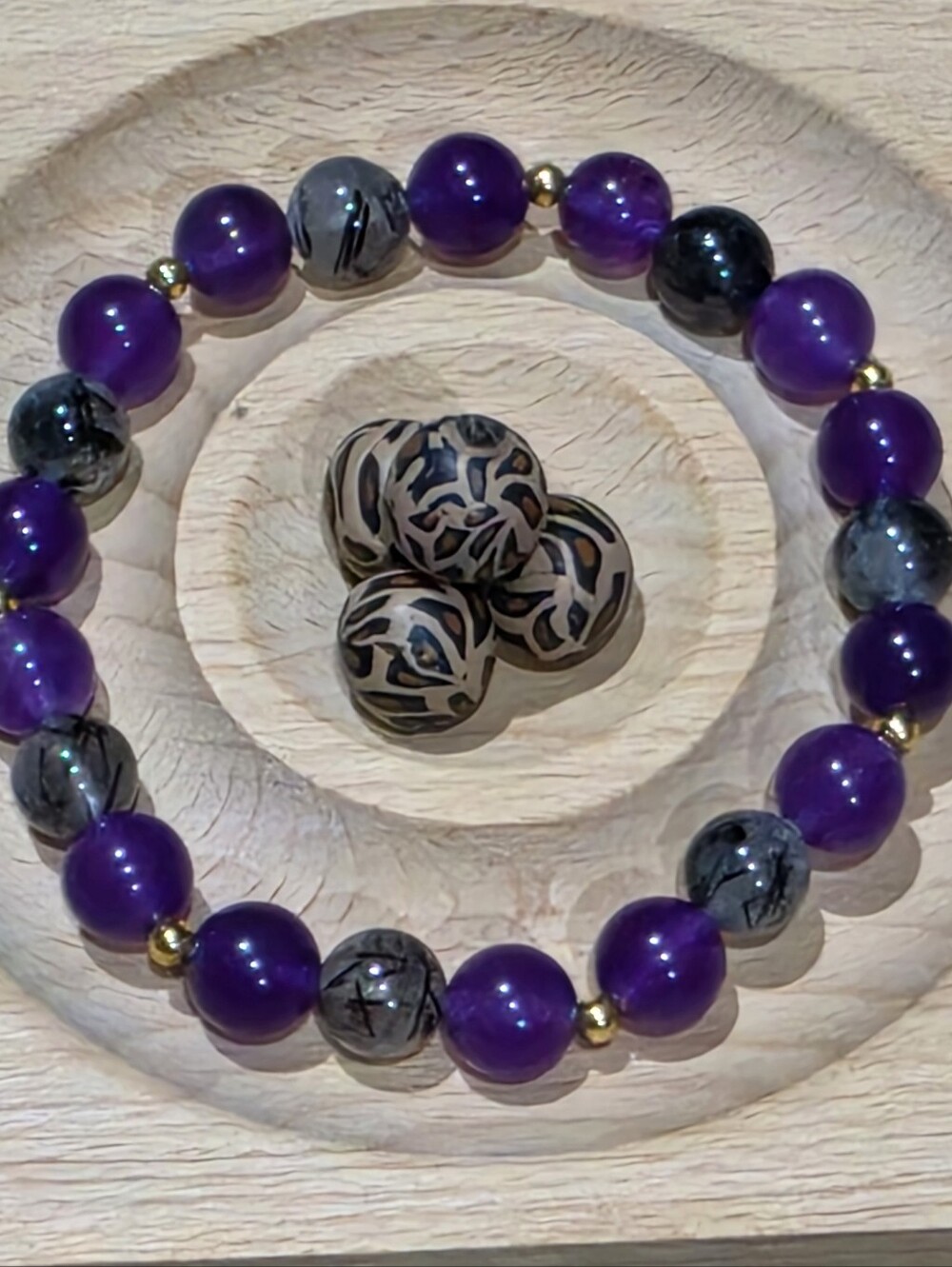 🔥Purple Chalcedony And Black Rutile Crystal Bead Bracelet.